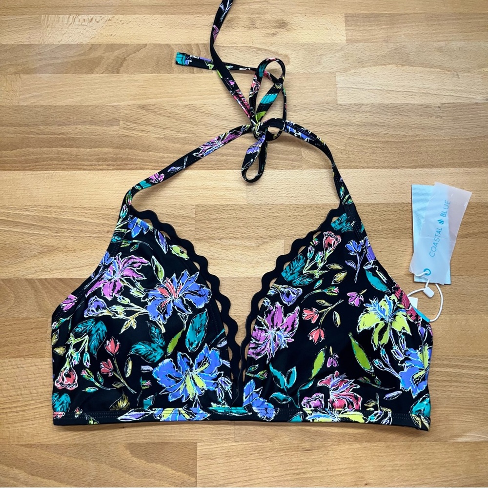 Coastal Blue Bikini top Black Floral size L